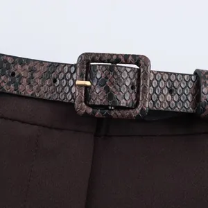 Macro view showing detail of snakeskin pattern belt on fashionable brown casual shorts