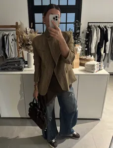 Professional brown striped blazer with stand collar for casual women's fashion