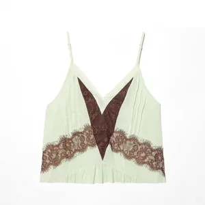 Elegant light green camisole top with brown lace patchwork and spaghetti straps