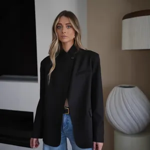 Fashionable black women's blazer featuring a stand-up collar and casual long sleeves