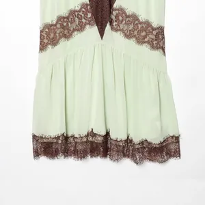 Fashionable light green mini camisole dress featuring brown lace patchwork and pleats