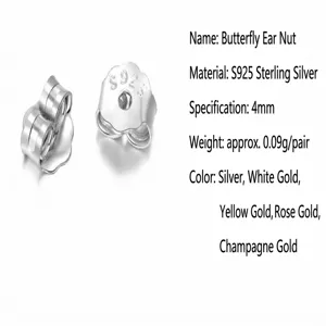 Vue détaillée des fermoirs de boucles d'oreilles papillon en argent S925 de 4 mm
