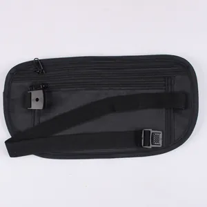Slim black travel waist pack with double zippers for outdoor sports and passport storage.