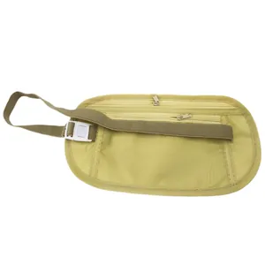 Slim khaki travel waist bag with dual zippers and elastic strap for passport and money