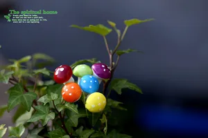Detailed close-up showing colorful mini foam mushrooms nested in green ivy leaves
