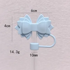 Detail view of a 10mm light blue silicone bow straw cover showing dimensions and weight.
