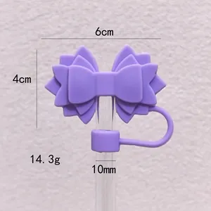 Detailed view of purple silicone bow straw cover with 10mm fit and size measurements