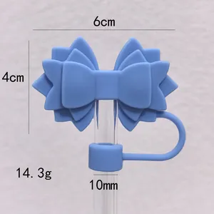 Detail of blue silicone butterfly straw cover showing 10mm size and 4cm x 6cm dimensions
