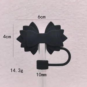 Detailed view of 10mm black silicone bow straw cover with precise measurement labels