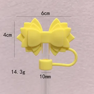Macro view of yellow silicone bow straw cover showing 10mm diameter and dimensions