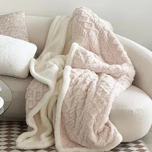 Couverture d'Hiver Épaissie en Polaire de Taffetas Et Sherpa Double Face Couleur Unie Texture Géométrique Douce Et Chaude pour Canapé Lit Bureau Sieste