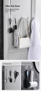 Adhesive wall hooks shown holding a hair dryer, scissors, and a handbag