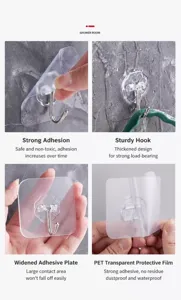 Detailed macro view of heavy-duty waterproof transparent adhesive wall hooks with PET film