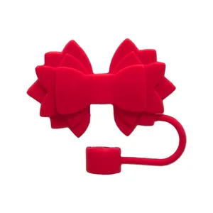 Vibrant red silicone bow straw cover topper, 10mm dust-proof cap for Stanley tumblers.