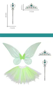 Detailed view of children's green fairy wings set with magic wand and tiara measurements