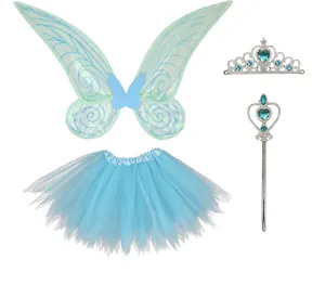 Four-piece children's fairy costume set with wings, magic wand, crown and blue tutu