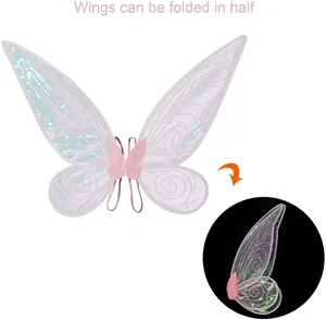 Detailed view showing foldable feature of these iridescent purple fairy wings for kids.
