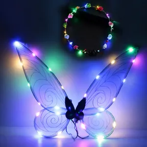 LED lighted blue butterfly wings and floral headband set for girls' party dress up
