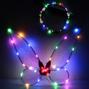 LED glowing pink butterfly wings and matching flower crown for girls' fairy party costumes