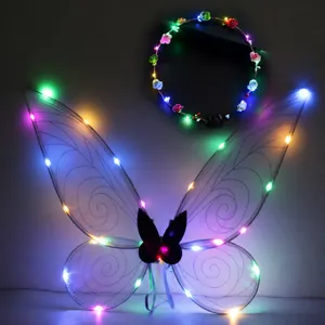 Close-up of purple glowing fairy butterfly wings and multi-color LED floral headband set