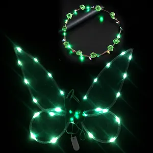 Glowing green LED butterfly fairy wings and matching floral rose headband costume set