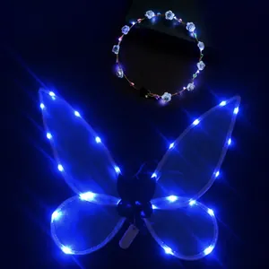 Magical blue LED butterfly wings and glowing floral headband party costume set