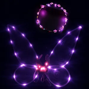 Pink LED butterfly wings and flower headband set for girl's party decoration