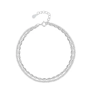 Elegant 925 silver-plated double-layer bracelet with rice beads and stardust chain