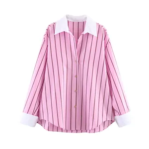 Women Fashion Casual Striped Shirt Pink White Contrast Collar Long Sleeve Polyester Blouse Daily Office Regular Fit Top With Gold Buttons