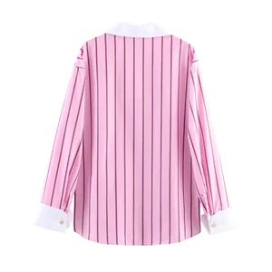 Back view of a pink vertical striped long-sleeved shirt with white collar and cuffs