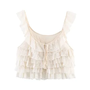 Haut à Bretelles Décontracté en Dentelle à Étages pour Femmes Doux à Volants Sans Manches Beige Débardeur Style Vintage Gilet d'Été