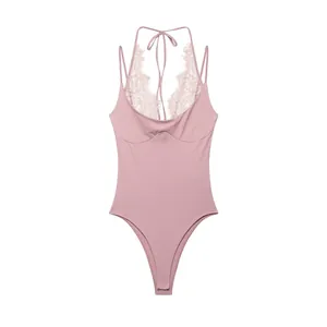 Flat lay of a dusty pink halter neck bodysuit with delicate lace trim details shown
