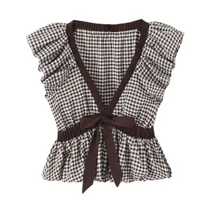 Blusa Casual De Cuadros Para Mujer Cuello En V Mangas Globo Lazo Peplum Top Elegante Dulce Top De Poliéster Para Mujer