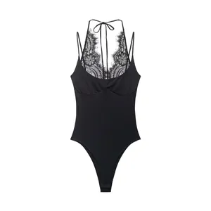 Detailed view of elegant black halter neck lace bodysuit with intricate floral patterns