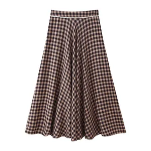 Women Vintage Gingham Plaid Maxi Skirt Polyester High Waist Lace Trim A-Line Skirt Brown Black Checkered Daily Casual Skirt