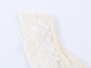 Gros plan détaillé de la bordure en dentelle fleurie blanc cassé sur un haut femme chic.