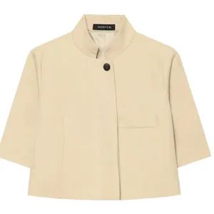 Elegante blazer cropped beige a maniche corte da donna con colletto alla coreana