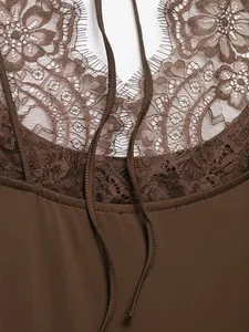 Exquisite brown floral lace detail on halter neck bodysuit with sheer eyelash edges