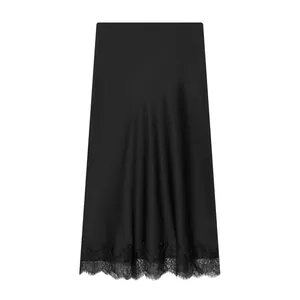Elegant black satin midi skirt featuring delicate floral lace trim at the hemline