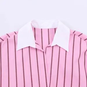 Casual pink vertical striped shirt with a classic white contrast collar for women