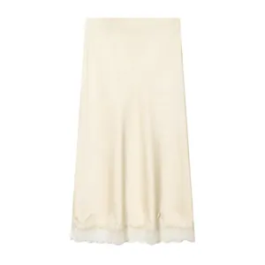 Elegant champagne satin midi skirt featuring a delicate white lace trim hem detail