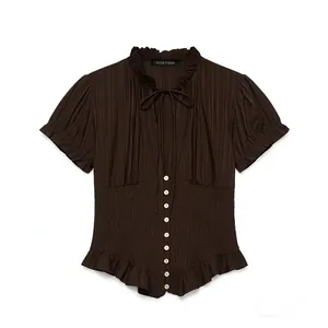 Blusa para Mujer con Cintura de Nido de Abeja Cuello con Volantes Lazo Manga Corta Top de Poliéster Elegante Camisa Casual para Diario