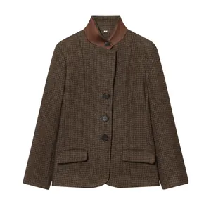 Women Stand Collar Plaid Patchwork Blazer Jacket Vintage Houndstooth Commuter Casual Long Sleeve Top For Business Office Outerwear