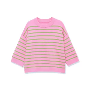 Fashion Casual Women Striped Knit Sweater Pink Green Round Neck Half Sleeve Pullover Top For Daily Wear Soft Knitting Jumper