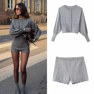 Women Slim Fit Knitted Cardigan And Shorts Set Scalloped Edge Long Sleeve Button Down Top And Bottom Casual Ribbed Knit Lounge Set