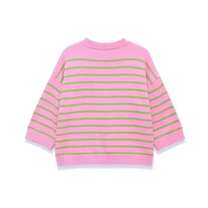 Detailed back view of a pink and green horizontal striped knit sweater with round neck