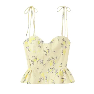 Top de Corsé Sexy con Estampado Floral para Mujer Tirantes con Lazo Dobladillo con Volante Ajuste Estrecho Camisola de Moda