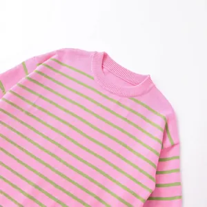Stylish casual pink and green horizontal striped crew neck knit sweater for women