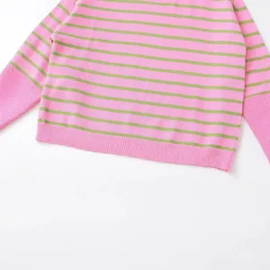Fashionable casual round-neck knitwear with vibrant pink and green stripes for women