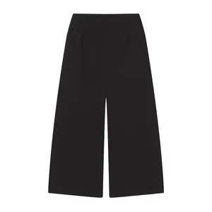 Detailed front view of stylish black wide-leg culottes for a modern casual look